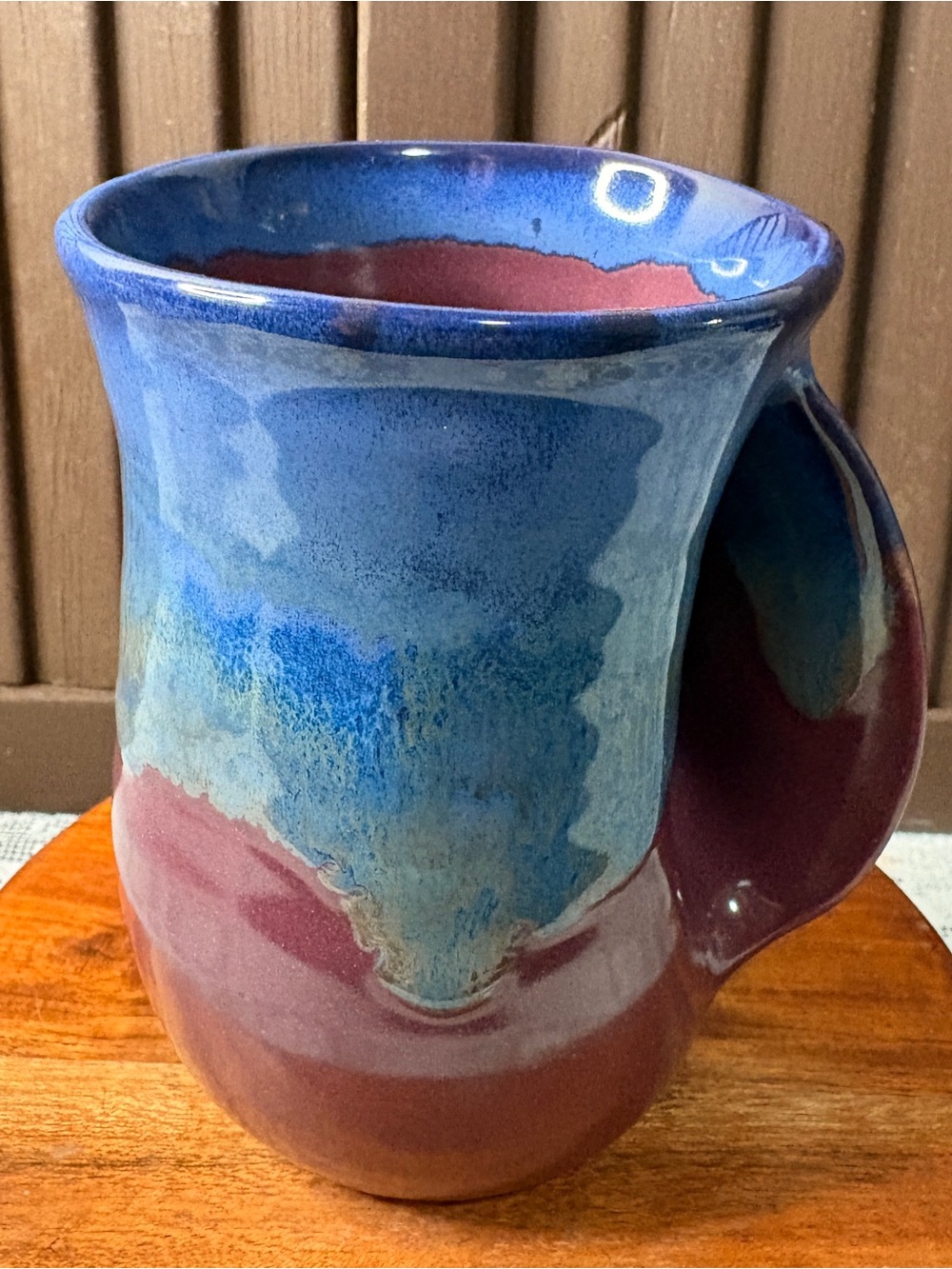 2022 Signed Neher Pottery Left Handed Hand Warmer Purple Blue Mug
